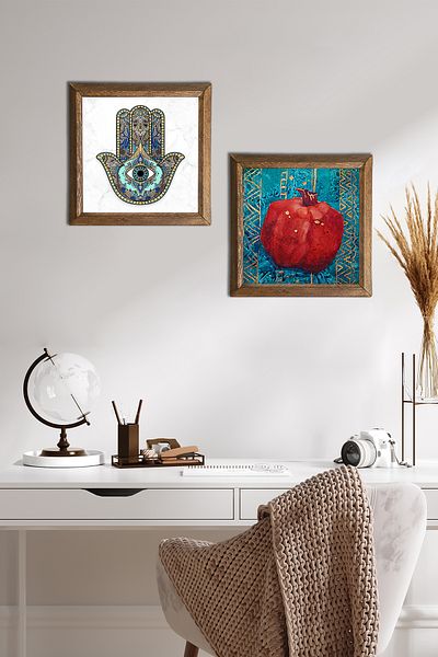 Pinecone Rodie, Fatma Ana Hand (Hamsa) Pictură pe perete din piatră Decor de perete cu rame din lemn Set de 2 picturi -W2-01-
