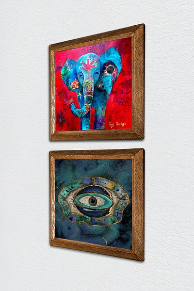 Pinecone Elephant, Evil Eye Stone Wall Painting Wooden Framed Wall Decor 2 Piece Painting Set Wall Art -W2-567-