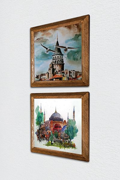 Pinecone Istanbul Hagia Sophia, Galata Tower Stone Wall Painting Wooden Framed Wall Decor 2 Piece Painting -W2-689-