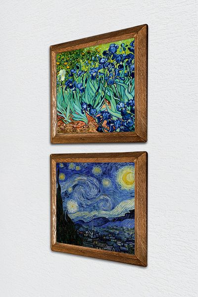 Pinecone Van Gogh Irises, Starry Night Stone Wall Painting Wooden Framed Wall Decor Set of 2 Painting -W2-378-