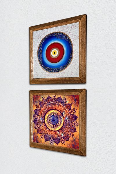 Pinecone Evil Eye, Mandala Stone Pictură de perete cu cadru din lemn Decor de perete Set de pictură din 2 piese Wall Art -W2-584-
