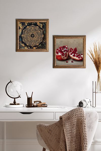 Pinecone Sri Yantra, Ζωγραφική τοίχου με πέτρα από ρόδι με ξύλινο πλαίσιο Διακόσμηση τοίχου 2 τεμαχίων Σετ ζωγραφικής Wall Art -W2-757-