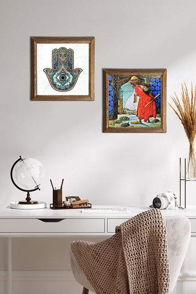 Pinecone Turtle Trainer, Fatma Mother Hand (Hamsa) Stone Wall Painting Framed Wall Decor -W2-12-