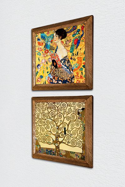 Pinecone Gustav Klimt Woman with Fan, Tree of Life Stone Wall Painting Wood Framed Wall Decor -W2-355-