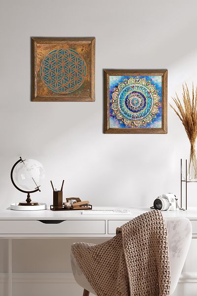 Pinecone Floarea vieții, Mandala Pictură pe perete din piatră Decor de perete cu rame din lemn Set de pictură 2 piese -W2-581-