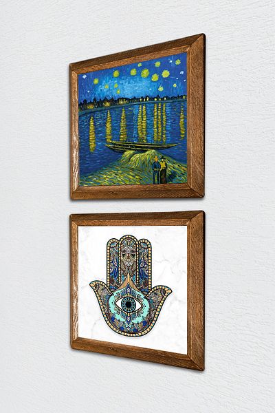 Pinecone Van Gogh Râul Răneți, Fatma Ana Hand Pictură pe perete de piatră Decor de perete cu rame din lemn Pictură din 2 piese -W2-76-