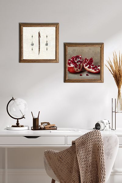Pinecone Elif, pictură murală cu piatră de rodie, decor de perete cu rame din lemn, set de pictură din 2 piese, artă de perete -W2-743-
