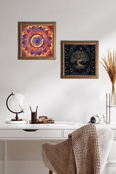 Pinecone Mandala, Tree of Life Stone Wall Painting with Wooden Frame Wall Decor 2 Piece Painting Set -W2-442-