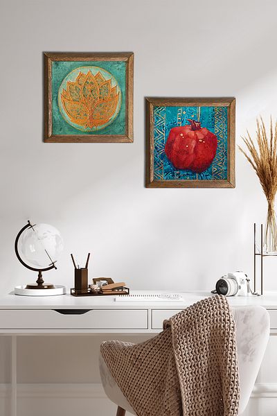 Pinecone Lotus Flower, Pomegranate Stone Wall Painting with Wooden Frame Wall Decor Set of 2 Painting Wall Art -W2-124-