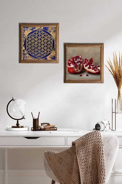 Pinecone Flower of Life, Pomegranate Stone Wall Painting with Wooden Frame Wall Decor Set of 2 Painting Wall Art -W2-748-