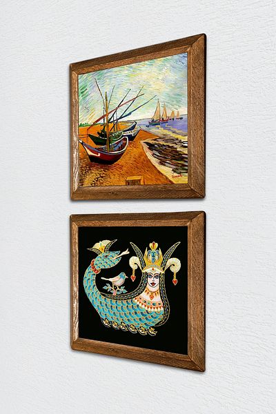 Pinecone Van Gogh Fishing Boats, Shahmeran Stone Wall Painting with Wooden Frame Wall Decor -W2-279-