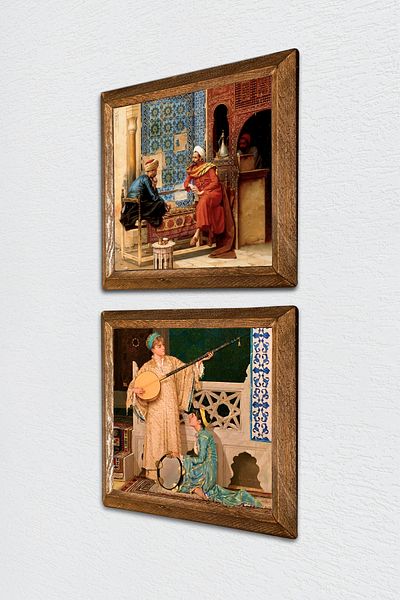 Pinecone Chess Game, Two Musicians Girl Painting Stone Wall Painting Wood Framed Wall Decor -W2-336-