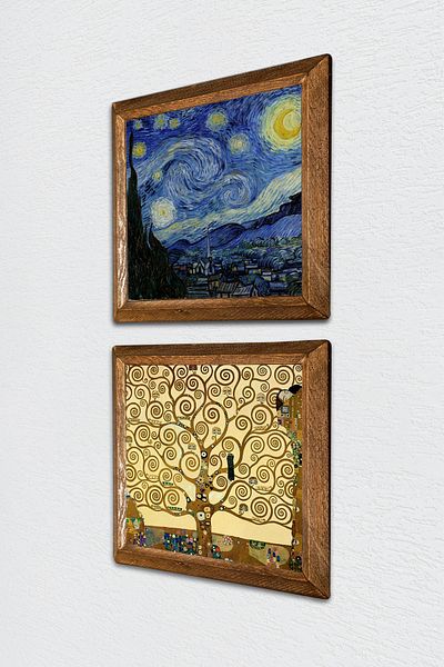 Pinecone Van Gogh Starry Night, Gustav Klimt Tree of Life Stone Wall Painting Framed Wall Decor -W2-347-