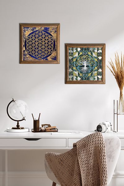 Pinecone Arborele vieții, Floarea vieții Pictură pe perete din piatră Decor de perete cu rame din lemn Set de pictură 2 piese -W2-460-