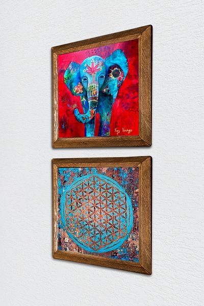 Pinecone Elephant, Flower of Life Stone Wall Painting with Wooden Frame Wall Decor Set of 2 Painting Wall Art -W2-545-