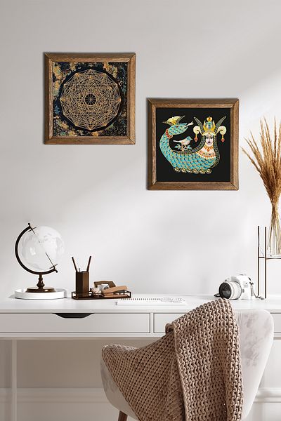 Pinecone Sri Yantra, Shahmeran Πέτρινη Ζωγραφική Τοίχων με Ξύλινο Πλαίσιο Διακόσμηση Τοίχου 2 τεμαχίων Σετ ζωγραφικής -W2-263-