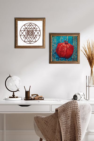 Pinecone Sri Yantra, Ζωγραφική τοίχου με πέτρα από ρόδι με ξύλινο πλαίσιο Διακόσμηση τοίχου 2 τεμαχίων Σετ ζωγραφικής Wall Art -W2-115-