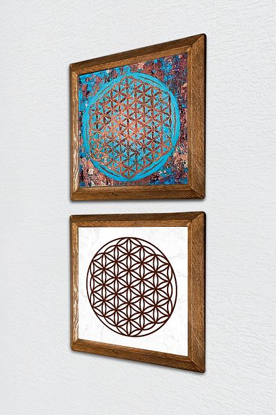 Pinecone Flower of Life Stone Wall Painting Wood Framed Wall Decor 2 Piece Painting Set Wall Art -W2-480-