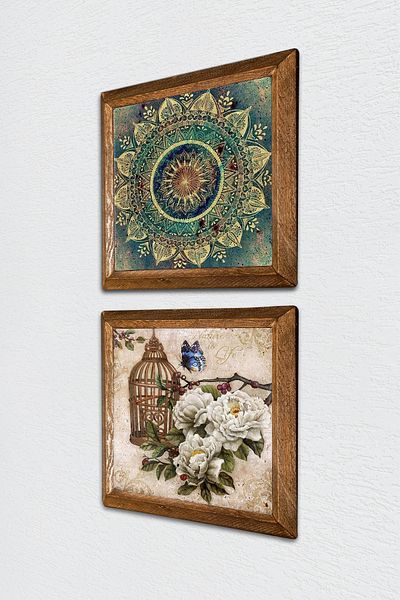 Pinecone Mandala, Butterfly Flower Stone Wall Painting with Wood Frame Wall Decor 2 Piece Painting Set -W2-294-