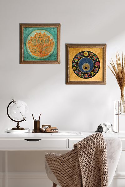 Pinecone Λουλούδι Lotus, Πίνακας τοίχου με πέτρα Evil Eye με ξύλινο πλαίσιο Διακόσμηση τοίχου 2 τεμαχίων Σετ ζωγραφικής Wall Art -W2-415-