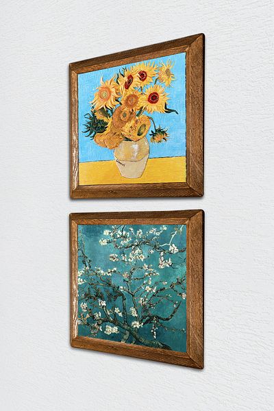 Pinecone Van Gogh Twelve Sunflowers Vase, Almond Tree Stone Wall Painting with Wood Frame Wall Decor -W2-372-