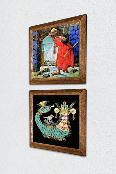 Pinecone Turtle Trainer, Shahmeran Stone Wall Painting Wooden Framed Wall Decor 2 Piece Painting -W2-228-
