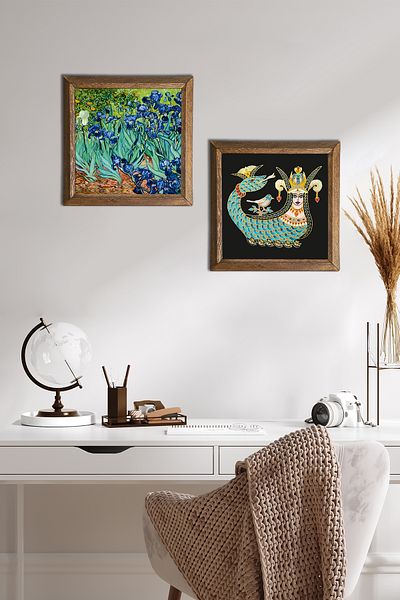 Pinecone Van Gogh Irisuri, Pictură pe perete din piatră Shahmeran Decor de perete cu rame din lemn Set de 2 picturi -W2-237-