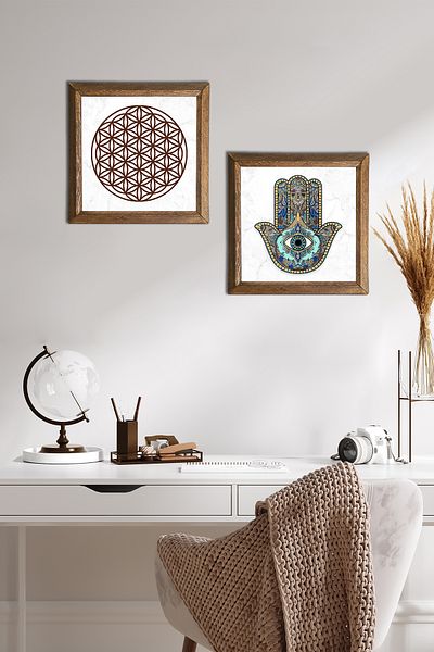 Pinecone Flower of Life, Fatma Mother Hand (Hamsa) Stone Wall Painting Wooden Framed Wall Decor -W2-40-