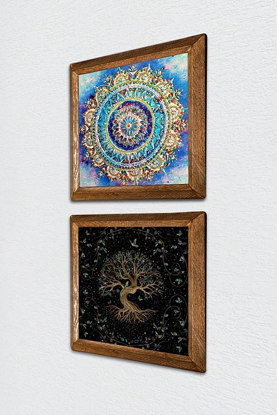 Pinecone Mandala, Tree of Life Stone Wall Painting Wooden Framed Wall Decor 2 Piece Painting Set -W2-441-