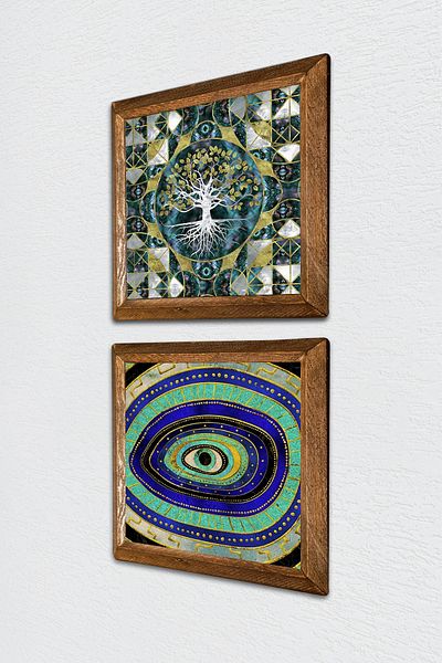 Pinecone Tree of Life, Evil Eye Stone Wall Painting Wood Framed Wall Decor 2-Piece Painting Set Wall Art -W2-564-