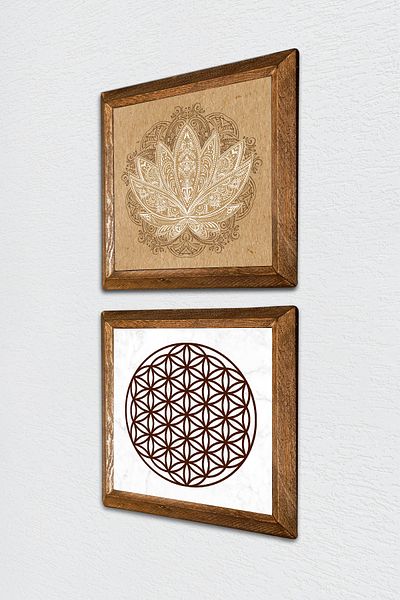 Pinecone Lotus Flower, Flower of Life Stone Wall Painting Wood Framed Wall Decor Set of 2 Painting -W2-477-