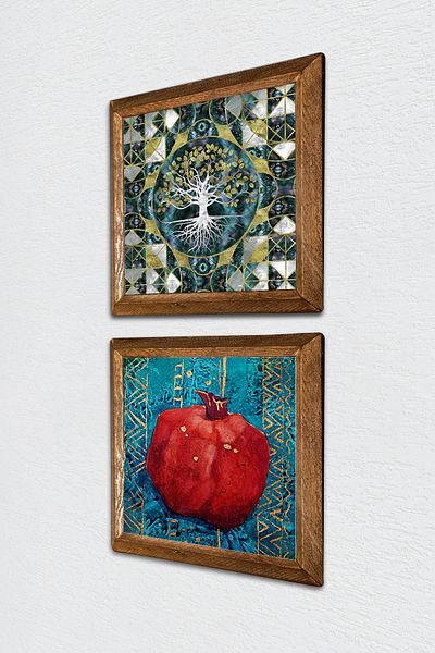 Pinecone Δέντρο της ζωής, Ζωγραφική τοίχου με πέτρα από ρόδι με ξύλινο πλαίσιο Διακόσμηση τοίχου 2 τεμαχίων Σετ ζωγραφικής Wall Art -W2-134-