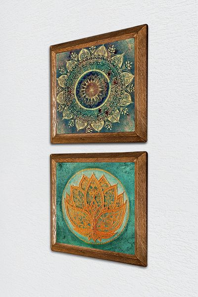 Pinecone Mandala, Lotus Flower Stone Wall Painting with Wooden Frame Wall Decor 2 Piece Painting Set -W2-538-