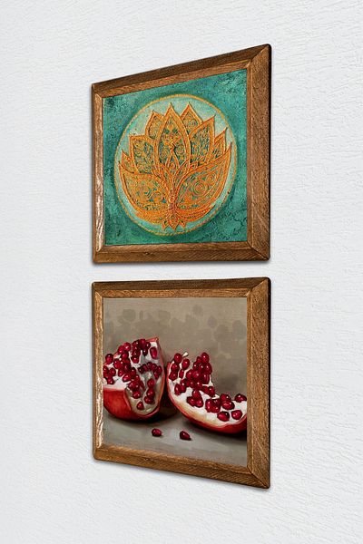 Pinecone Lotus Flower, Pomegranate Stone Wall Painting with Wooden Frame Wall Decor Set of 2 Painting Wall Art -W2-755-