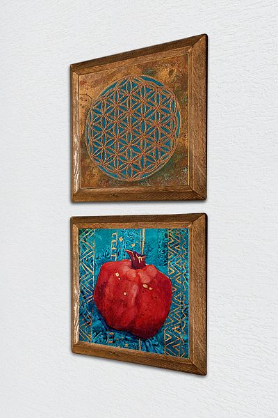 Pinecone Floarea vieții, pictură pe perete din piatră de rodie, decor de perete cu rame din lemn, set de 2 picturi, artă de perete -W2-142-