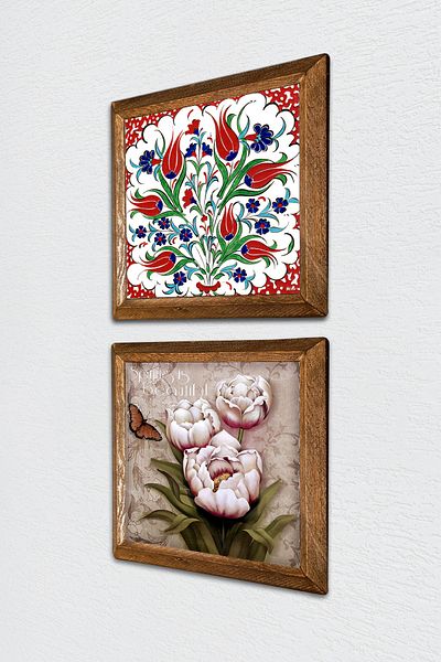 Pinecone Lalea, fluture, flori, pictură pe perete din piatră, decor de perete cu rame din lemn, set de pictură din 2 piese -W2-309-