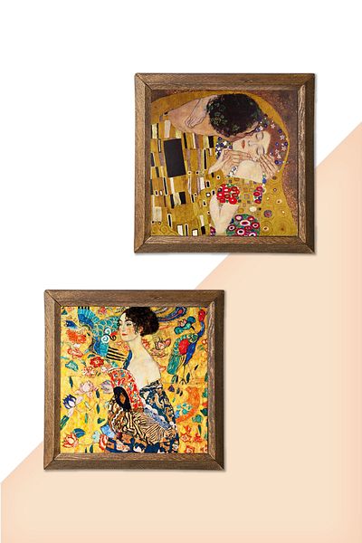 Pinecone Γυναίκα με ανεμιστήρα Gustav Klimt, Ζωγραφική τοίχου με πέτρα Kiss Ξύλινο πλαίσιο Διακόσμηση τοίχου -W2-359-