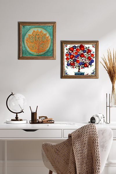 Pinecone Lotus Flower, Pomegranate Tree Stone Wall Painting with Wooden Frame Wall Decor 2 Piece Painting Set -W2-173-