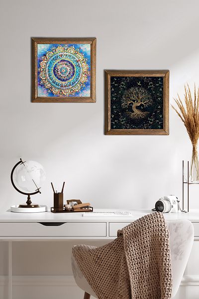 Pinecone Mandala, Tree of Life Stone Wall Painting Wooden Framed Wall Decor 2 Piece Painting Set -W2-441-