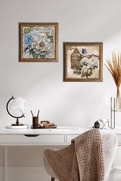 Pinecone Butterfly Flower Stone Wall Painting with Wood Frame Wall Decor 2 Piece Painting Set Wall Art -W2-285-