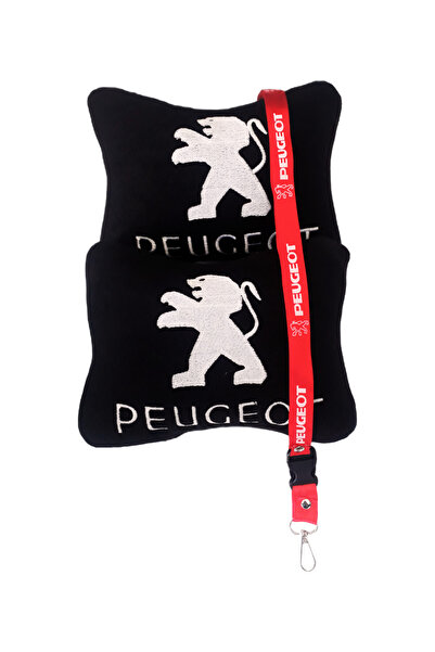 TUSBA MARKET Pernă de călătorie pentru gât pentru vehicule și scaune auto din lână neagră cu broderie albă Peugeot / curea roșie pentru oglindă auto