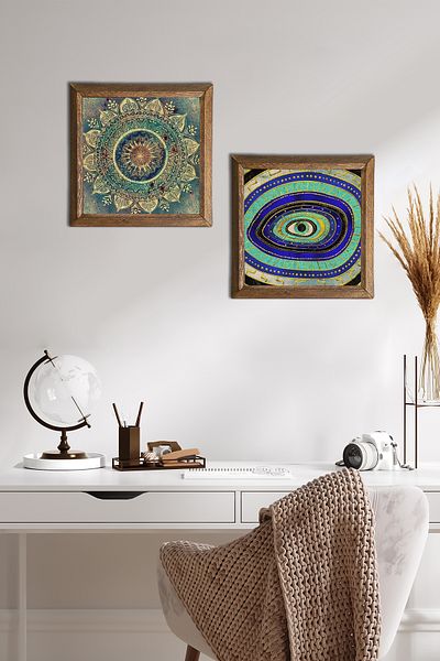 Pinecone Mandala, Piatra de ochi rău Pictură pe perete Decor de perete cu rame din lemn Set de pictură din 2 piese Artă de perete -W2-563-