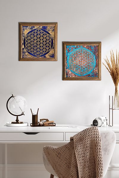 Pinecone Floarea vieții Pictură pe perete din piatră Decor de perete cu rame din lemn Set de pictură din 2 piese Artă de perete -W2-453-