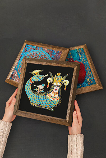 Pinecone Tile Art Sailboat Ship, Shahmeran Stone Wall Painting Wood Framed Wall Decor -W2-256-