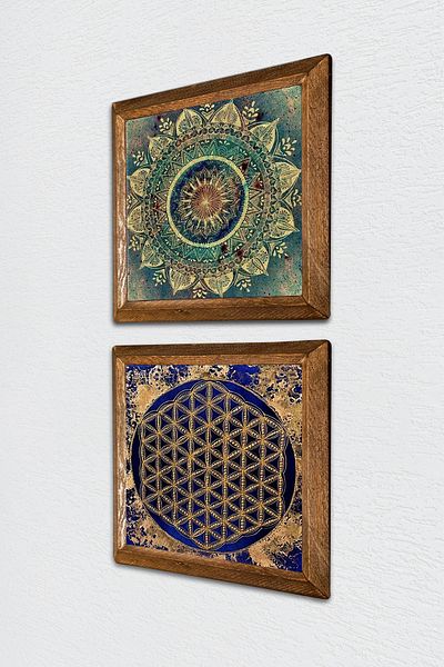 Pinecone Mandala, Floarea Vieții Pictură pe perete din piatră Decor de perete cu rame din lemn Set de pictură din 2 piese -W2-459-