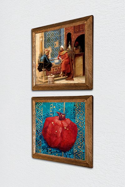 Pinecone Chess Game, Pomegranate Stone Wall Painting with Wooden Frame Wall Decor Set of 2 Painting Wall Art -W2-92-