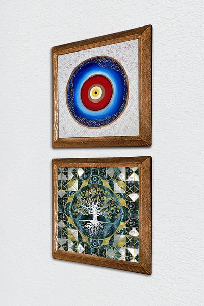 Pinecone Evil Eye, Tree of Life Stone Wall Painting Wooden Framed Wall Decor Set of 2 Painting Wall Art -W2-592-