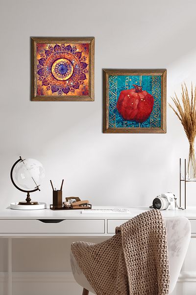 Pinecone Mandala, Pomegranate Stone Wall Painting with Wooden Frame Wall Decor 2 Piece Painting Set Wall Art -W2-132-