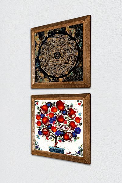 Pinecone Sri Yantra, pictură pe perete din piatră de pom de rodie, decor de perete cu rame din lemn, set de pictură din 2 piese -W2-175-