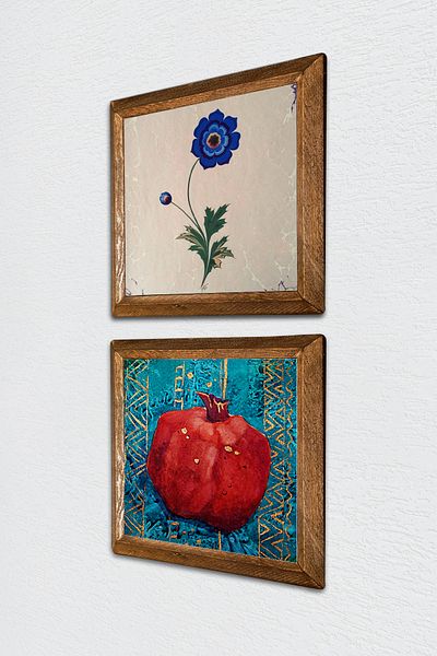 Pinecone Marbling Art, Pomegranate Stone Wall Painting with Wooden Frame Wall Decor 2 Piece Painting Set Wall Art -W2-112-